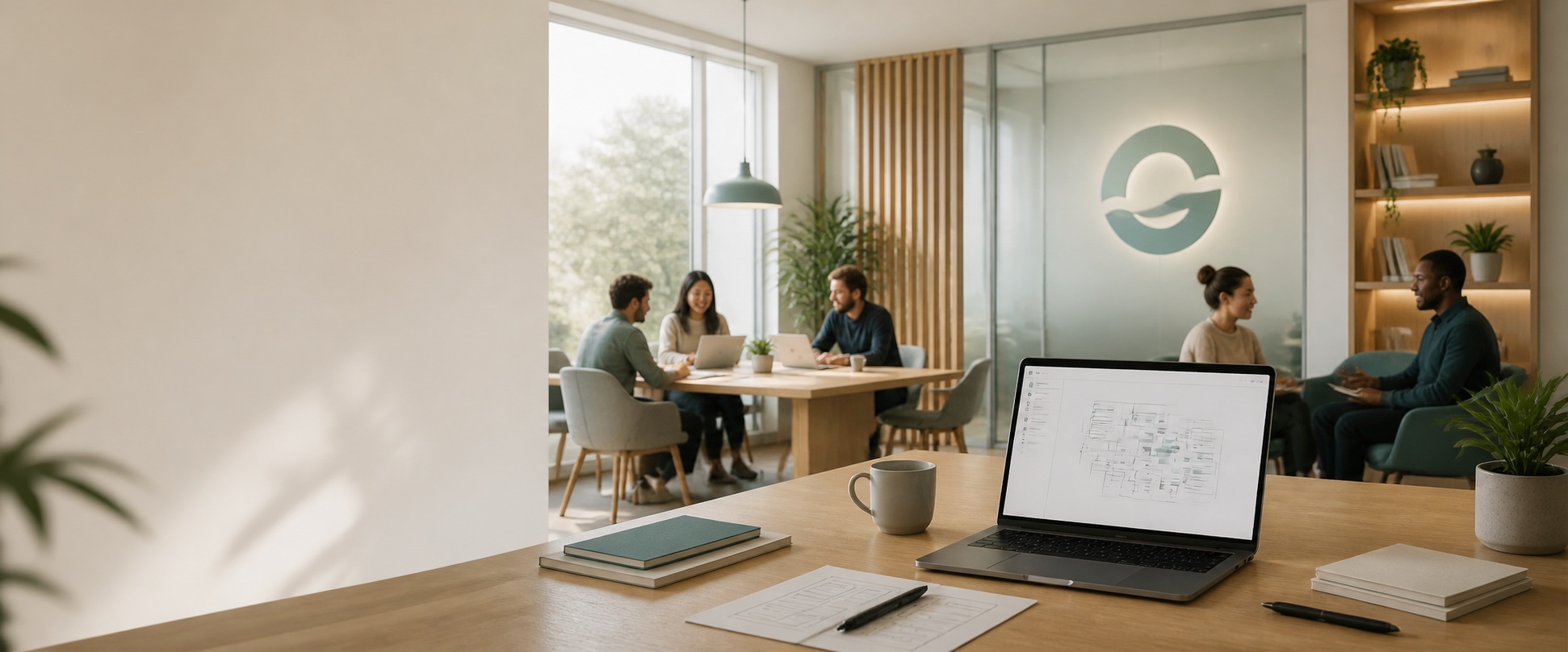 Cooshee — calm, capable, and approachable. A team in a thoughtfully designed workspace.